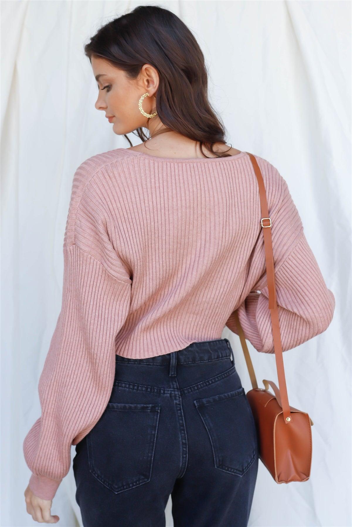 Dusty Rose Knit Ribbed Twisted Detail Balloon Long Sleeve Crop Top /3-2-1
