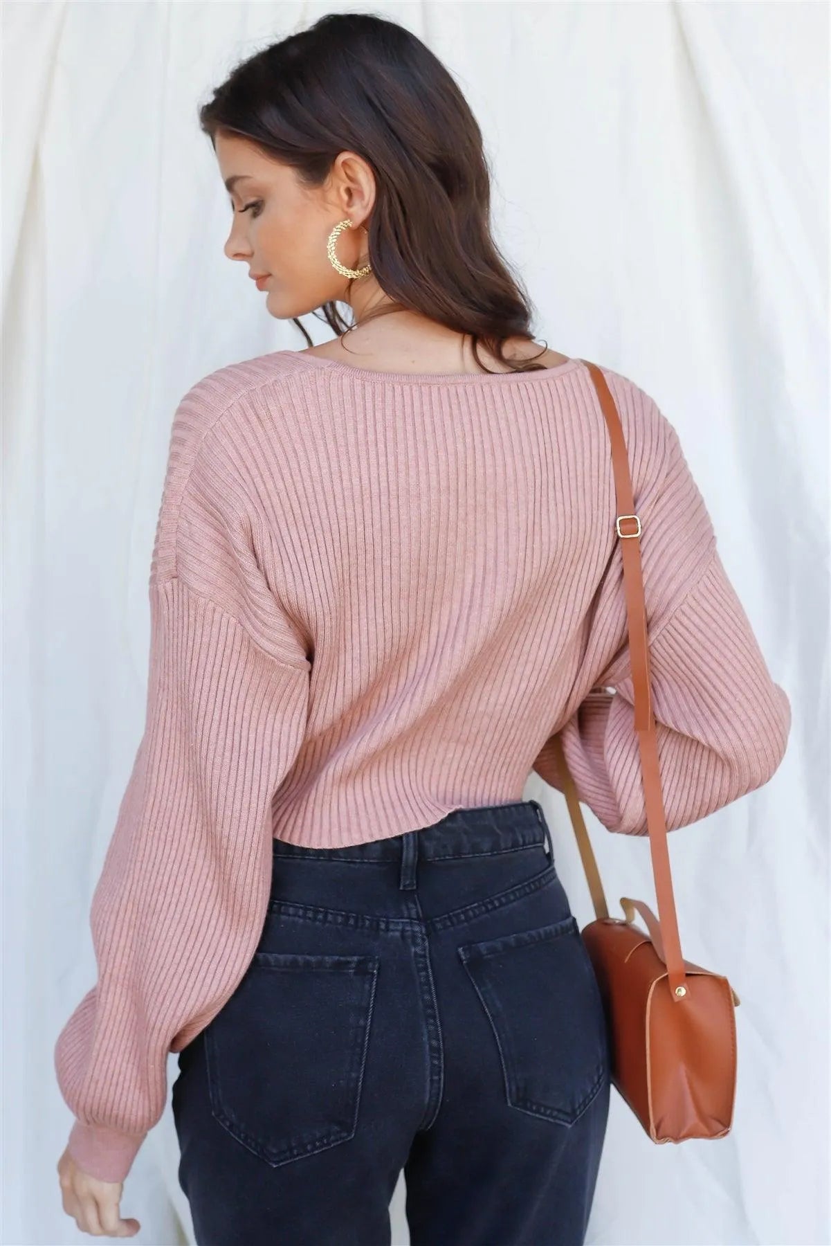 Dusty Rose Knit Ribbed Twisted Detail Balloon Long Sleeve Crop Top /3-2-1 - Tasha Apparel Wholesale