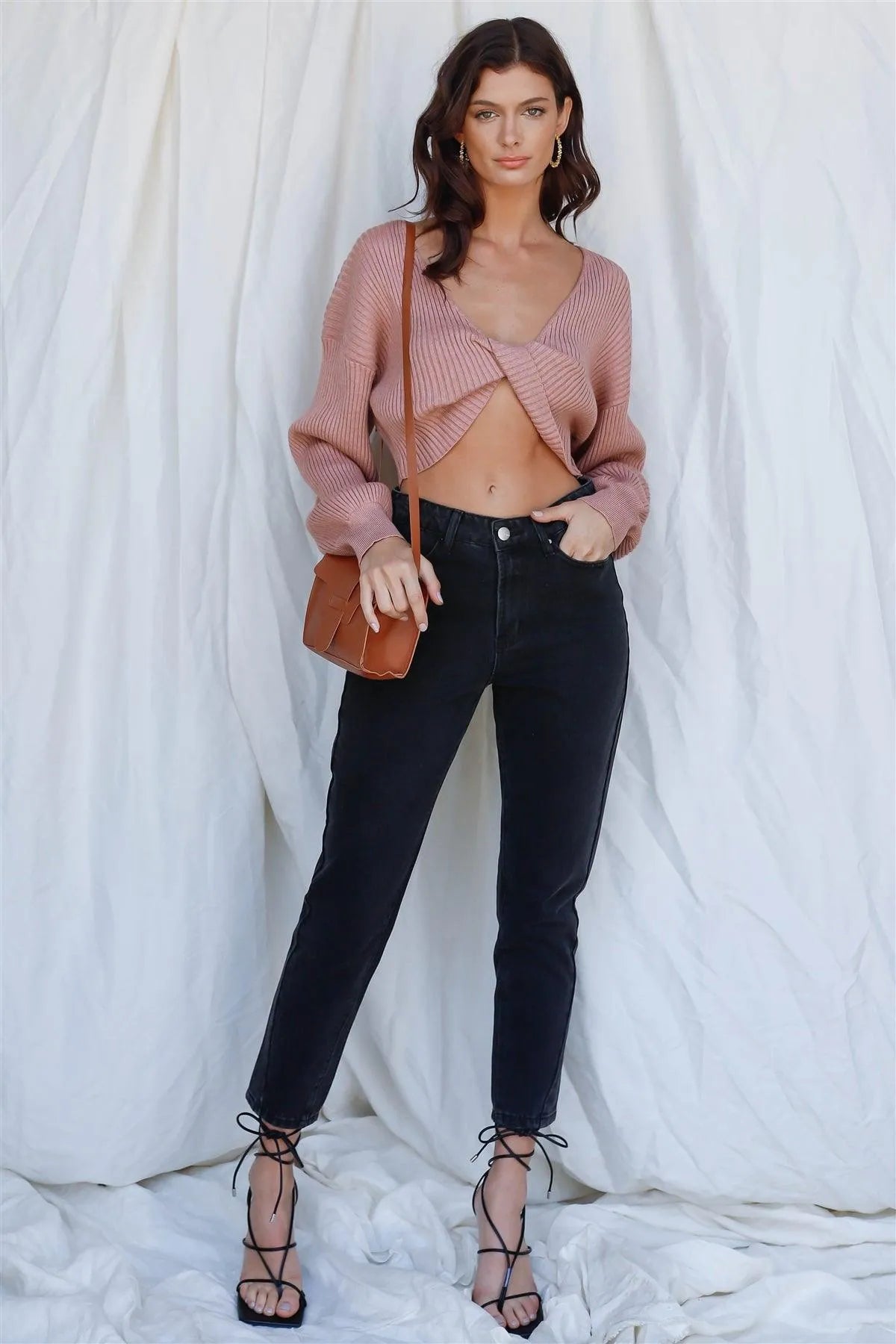 Dusty Rose Knit Ribbed Twisted Detail Balloon Long Sleeve Crop Top /3-2-1 - Tasha Apparel Wholesale