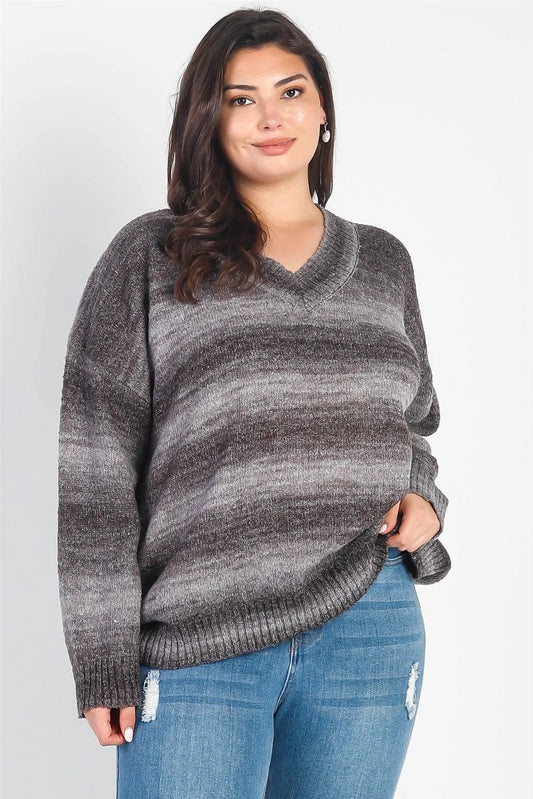 Junior Plus Grey & Black Gradient Knit V-Neck Sweater /2-2-1 - Tasha Apparel Wholesale