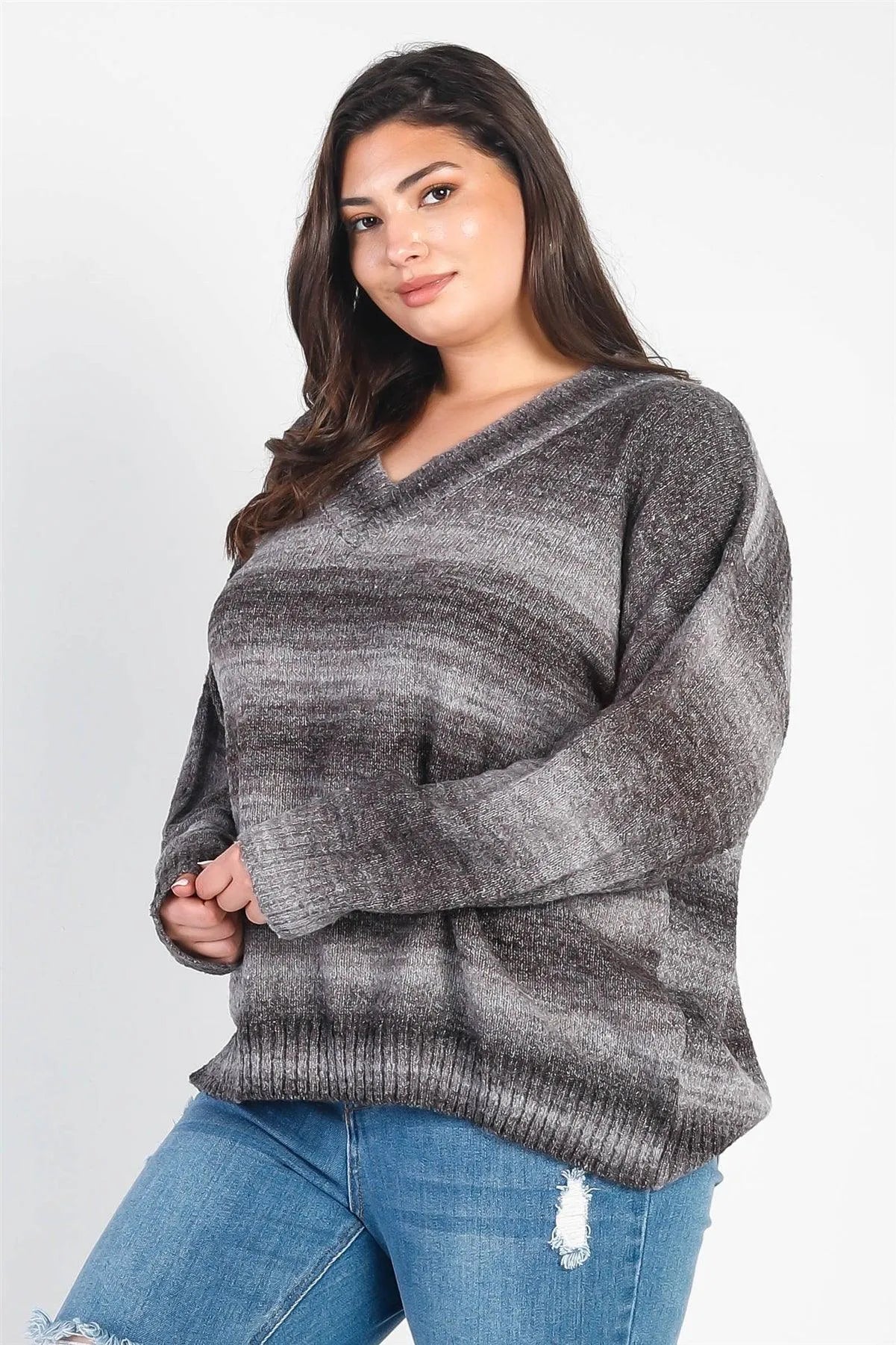 Junior Plus Grey & Black Gradient Knit V-Neck Sweater /3-2-1 - Tasha Apparel Wholesale