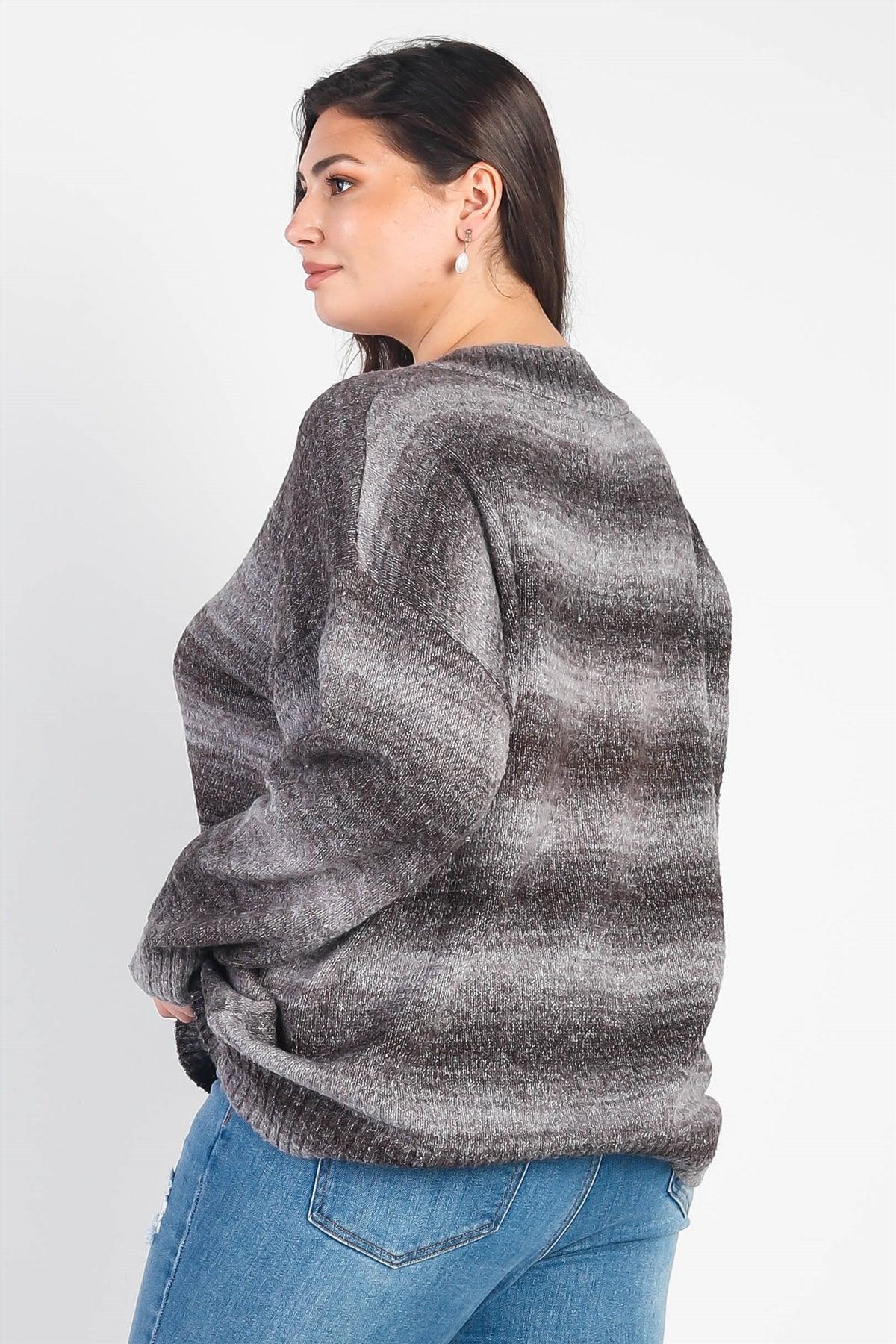 Junior Plus Grey & Black Gradient Knit V-Neck Sweater /3-2-1
