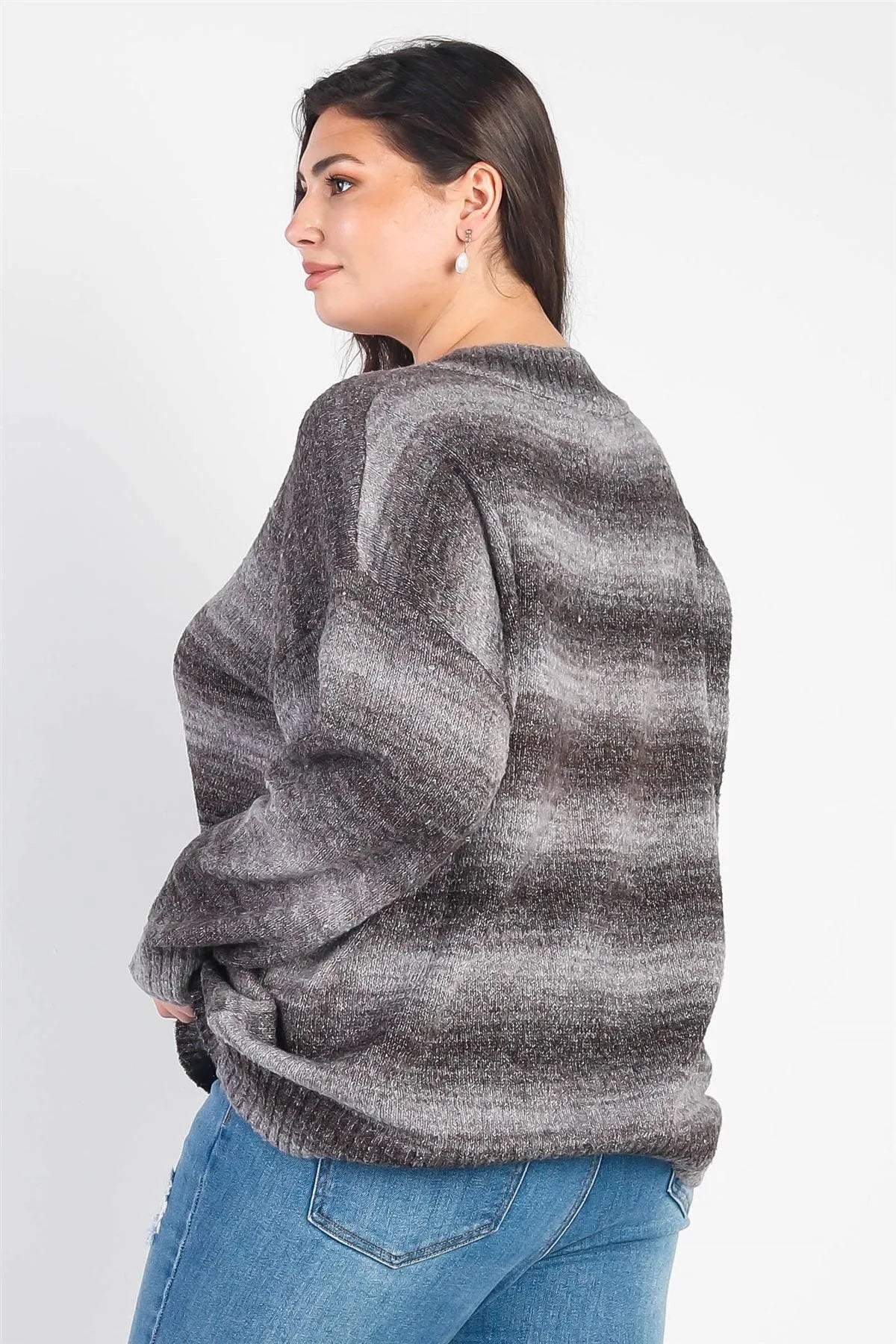 Junior Plus Grey & Black Gradient Knit V-Neck Sweater /3-2-1 - Tasha Apparel Wholesale
