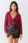 Berry Knit Twisted Detail Long Sleeve Crop Sweater /2-2-1 - Tasha Apparel Wholesale