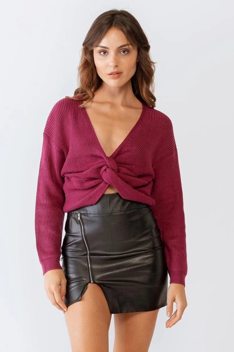 Berry Knit Twisted Detail Long Sleeve Crop Sweater /2-2-1 - Tasha Apparel Wholesale