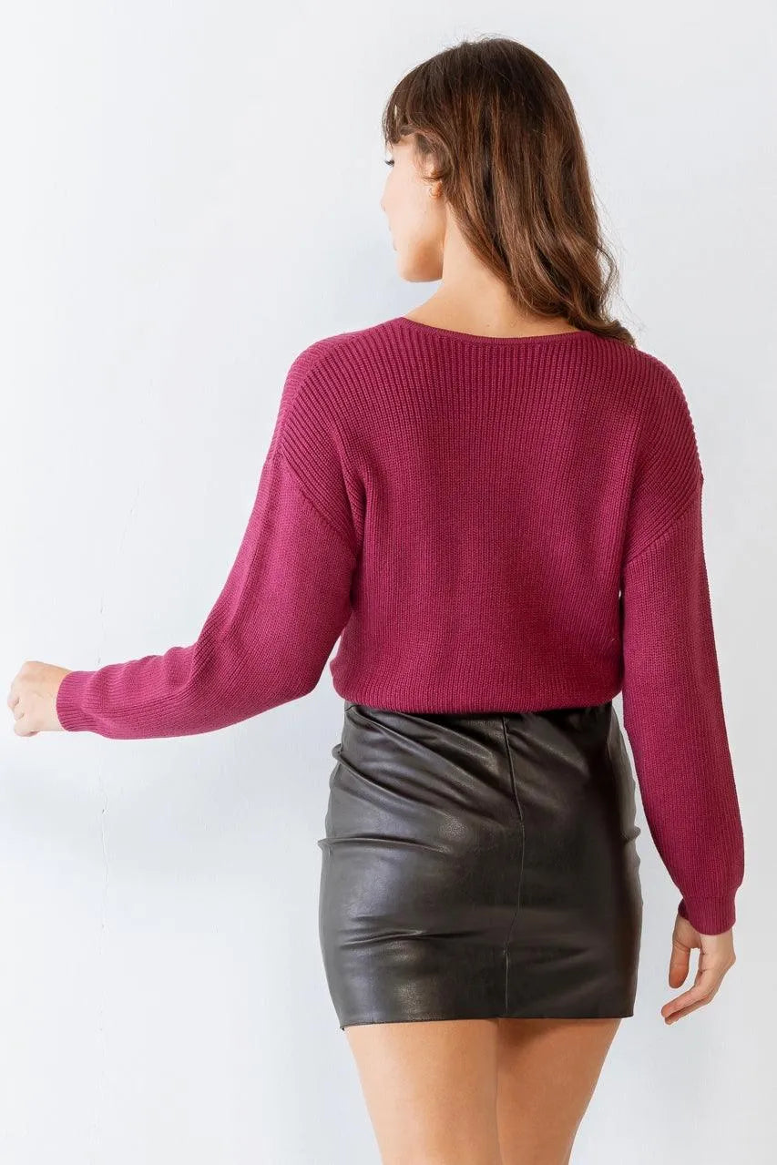 Berry Knit Twisted Detail Long Sleeve Crop Sweater /2-2-1 - Tasha Apparel Wholesale