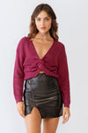 Berry Knit Twisted Detail Long Sleeve Crop Sweater /3-2-1