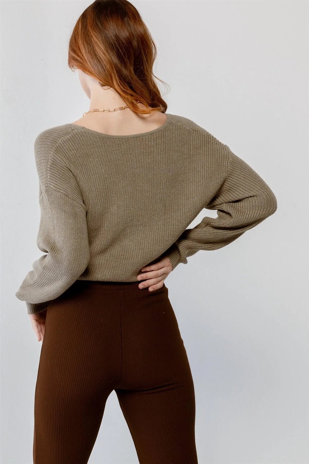 Sage Knit Twisted Detail Long Sleeve Crop Sweater /3-2-1 - Tasha Apparel Wholesale