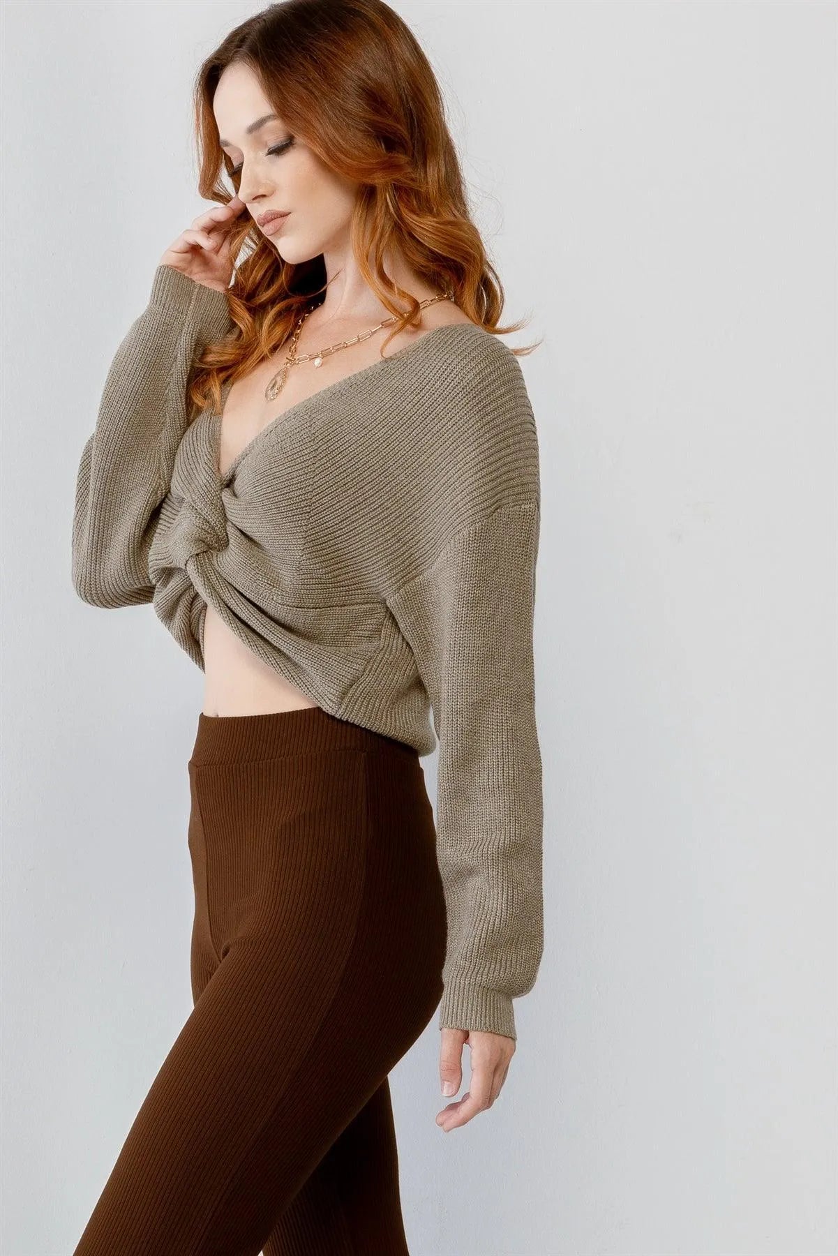 Sage Knit Twisted Detail Long Sleeve Crop Sweater /3-2-1 - Tasha Apparel Wholesale