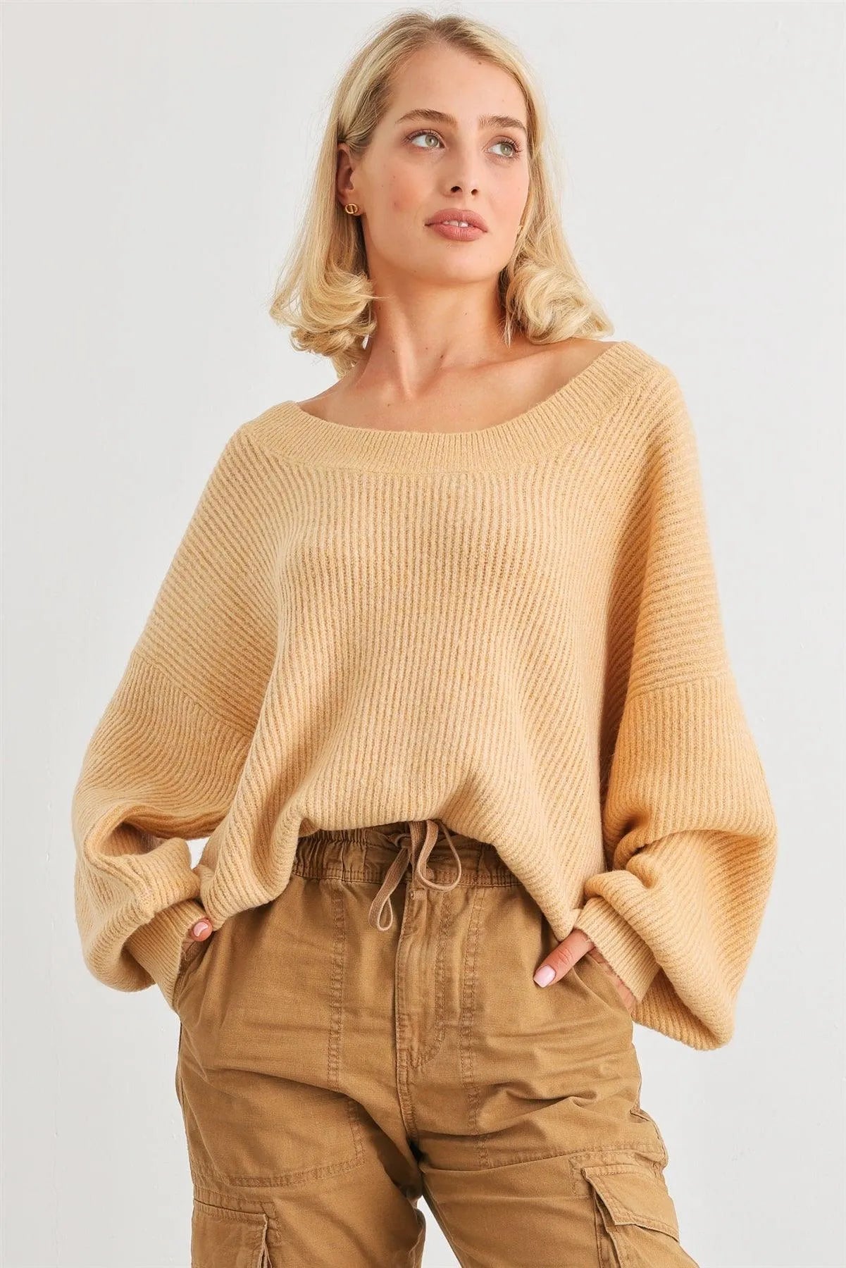 Yellow Knit Ribbed Long Sleeve Relax Fit Sweater /1-2-1 - Tasha Apparel Wholesale