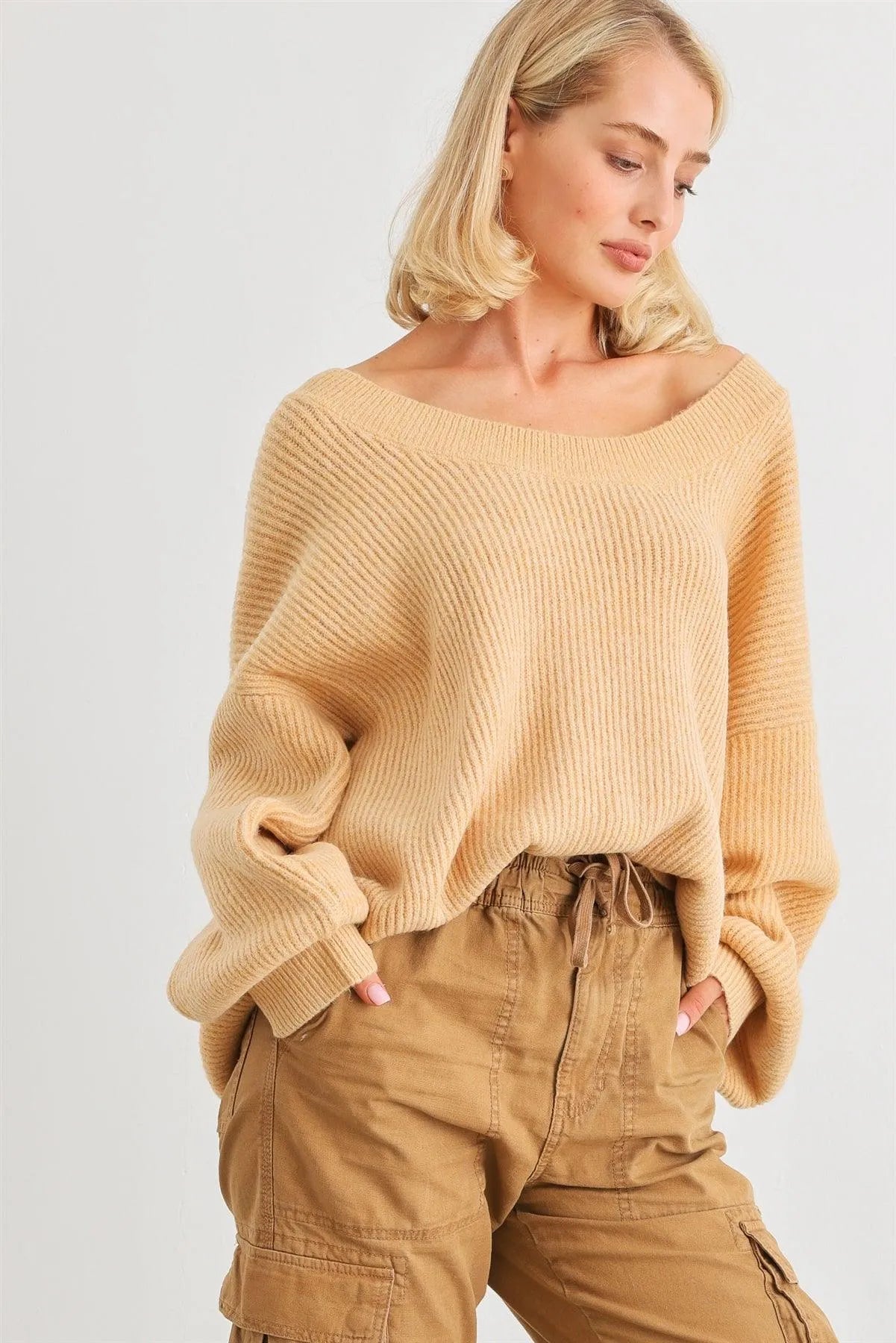 Yellow Knit Ribbed Long Sleeve Relax Fit Sweater /1-2-1 - Tasha Apparel Wholesale