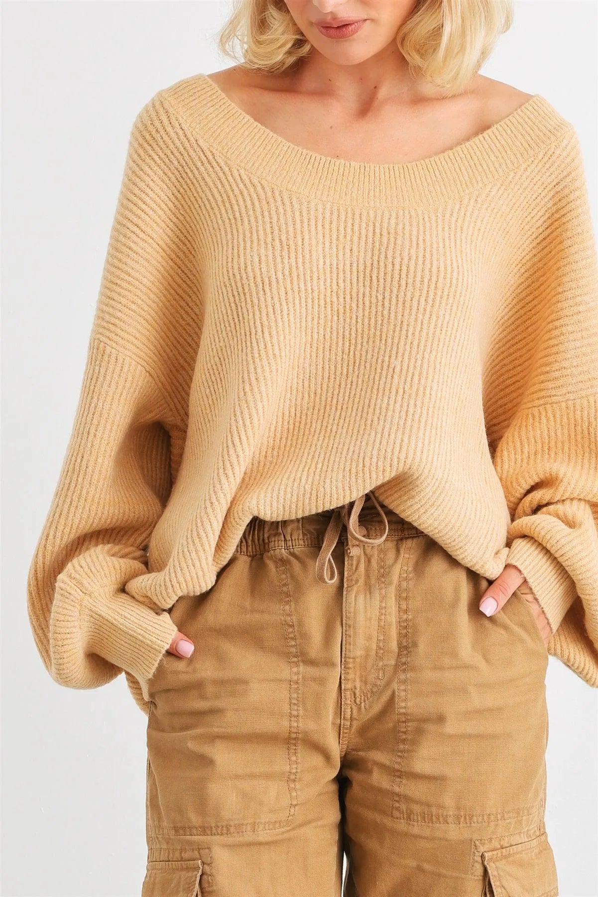 Yellow Knit Ribbed Long Sleeve Relax Fit Sweater /1-2-1 - Tasha Apparel Wholesale