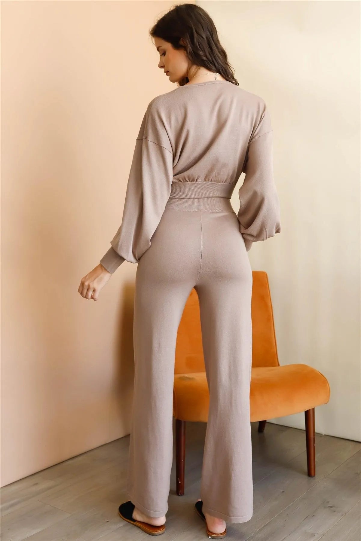 Mocha Wrap Neck Long Sleeve Crop Top /3-2-1 - Tasha Apparel Wholesale