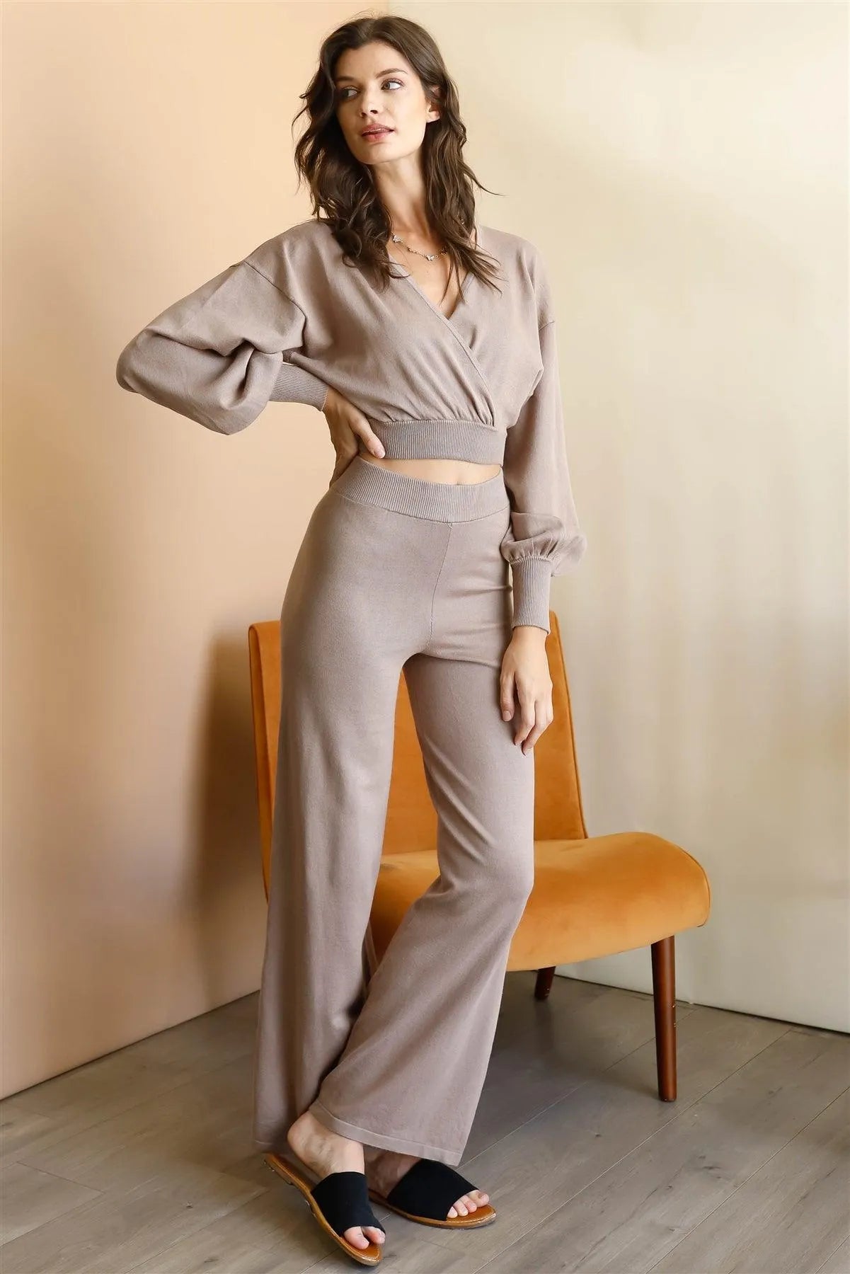 Mocha Wrap Neck Long Sleeve Crop Top /3-2-1 - Tasha Apparel Wholesale