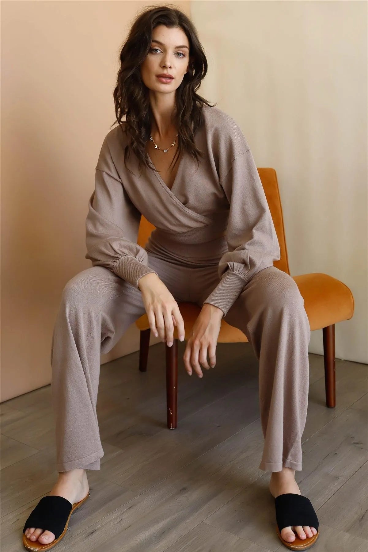 Mocha Wrap Neck Crop Top & High Waist Pants Set /3-2-1 - Tasha Apparel Wholesale