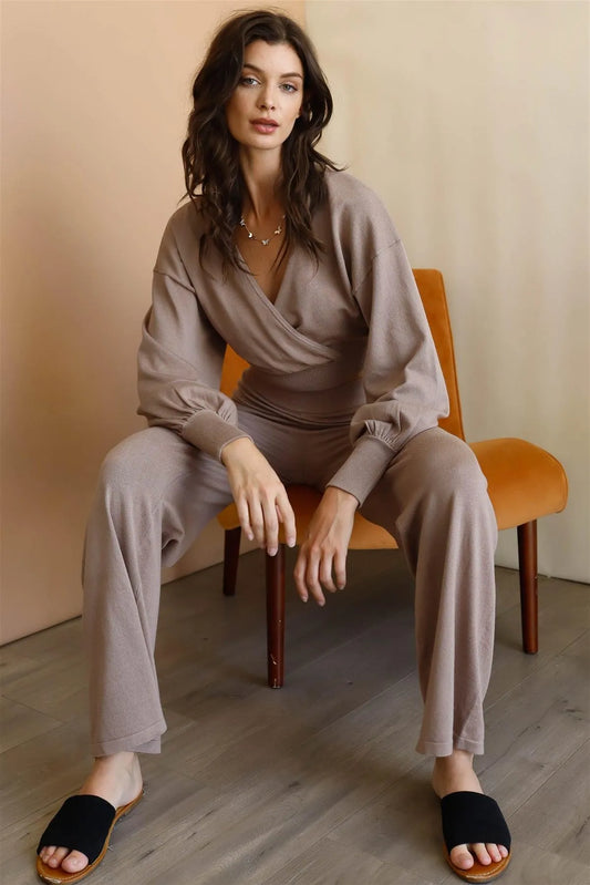 Mocha Wrap Neck Crop Top & High Waist Pants Set /3-2-1 - Tasha Apparel Wholesale