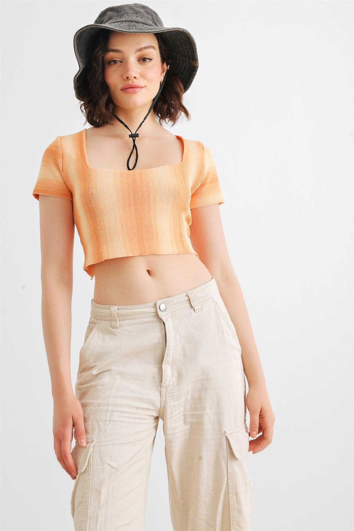 Orange Knit Short Sleeve Square Neck Short Sleeve Back Lace-Up Crop Top /3-2-1