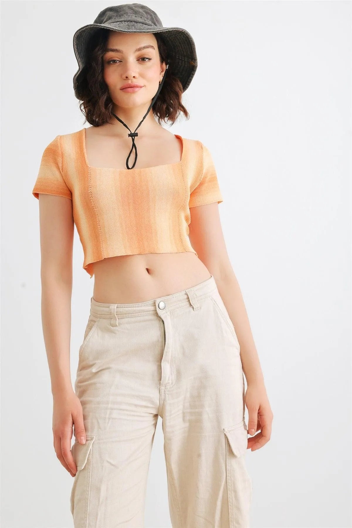 Orange Knit Short Sleeve Square Neck Short Sleeve Back Lace-Up Crop Top /3-2-1 - Tasha Apparel Wholesale