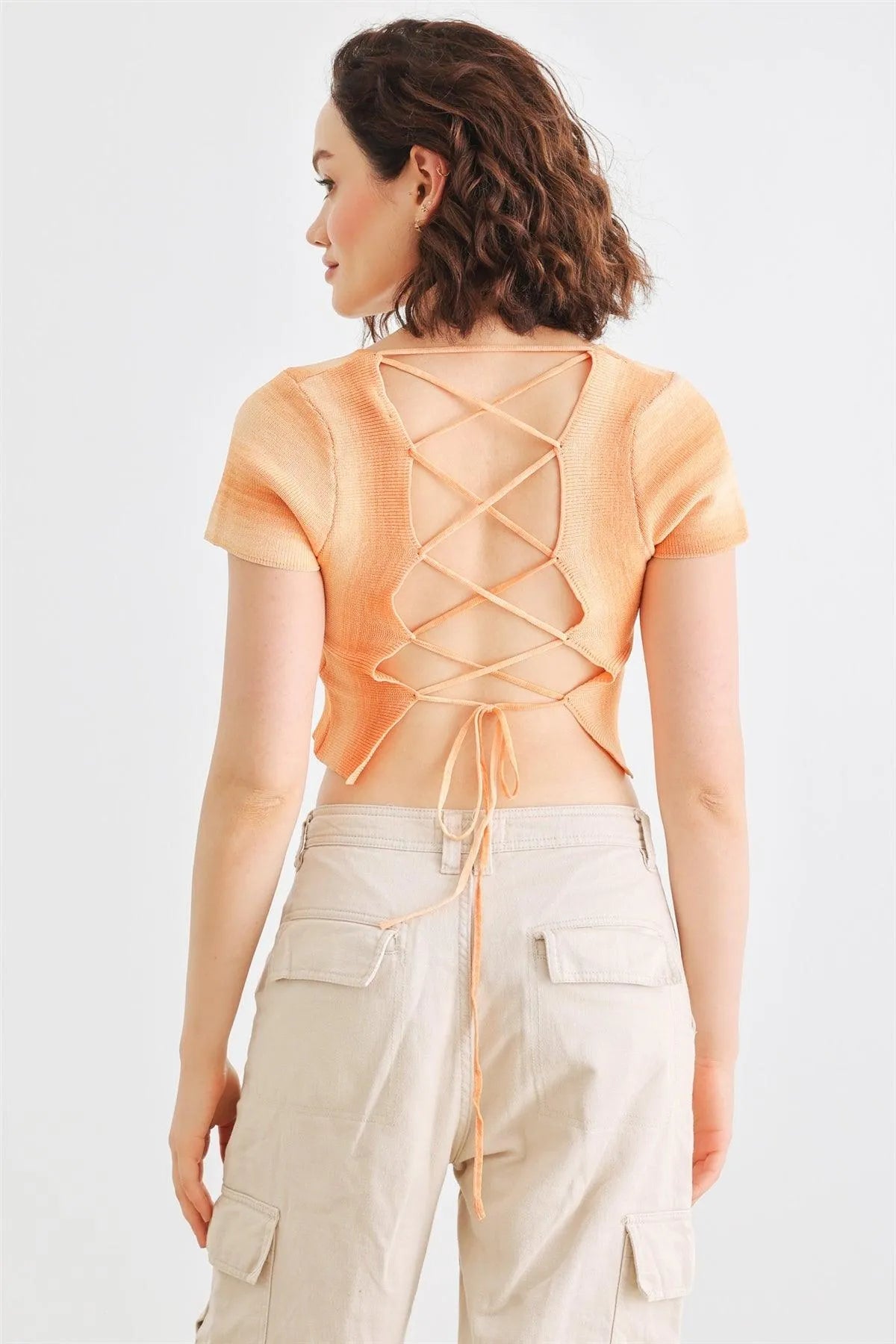 Orange Knit Short Sleeve Square Neck Short Sleeve Back Lace-Up Crop Top /3-2-1 - Tasha Apparel Wholesale