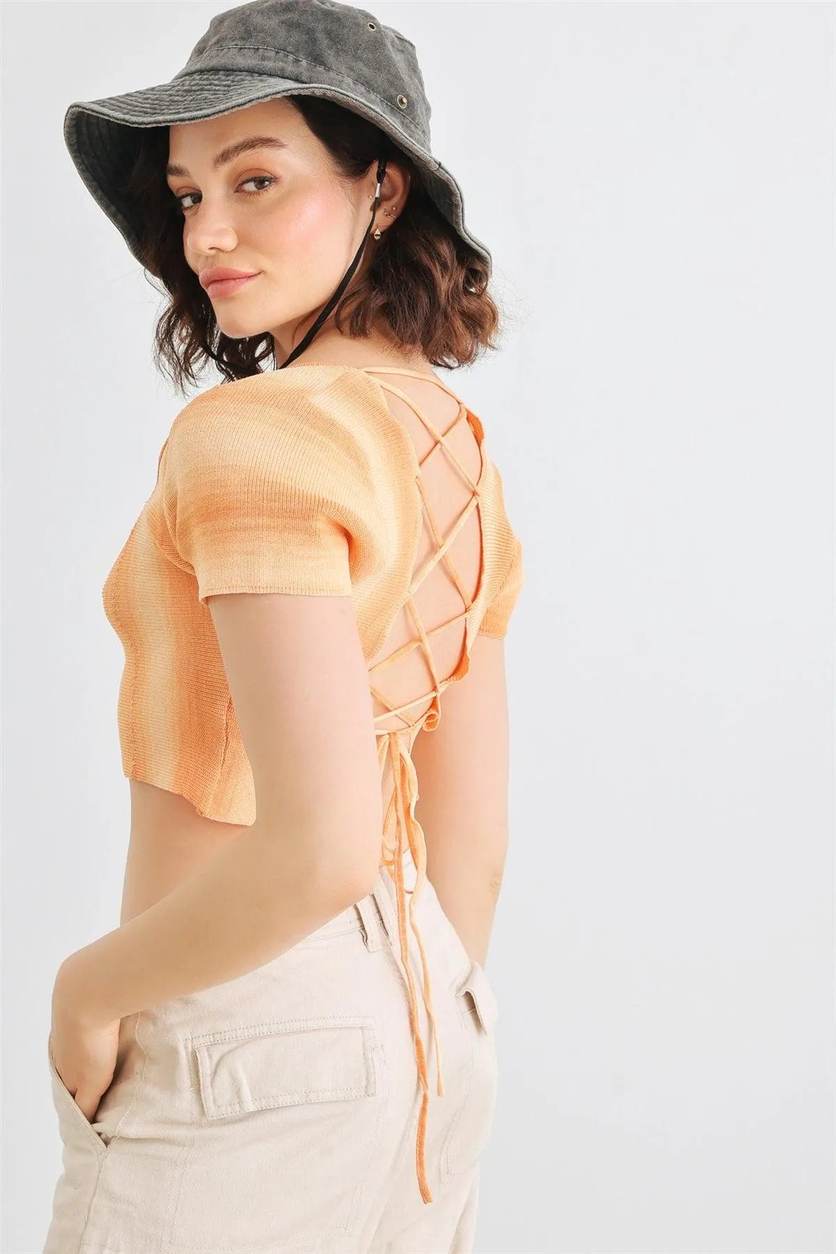 Orange Knit Short Sleeve Square Neck Short Sleeve Back Lace-Up Crop Top /3-2-1 - Tasha Apparel Wholesale