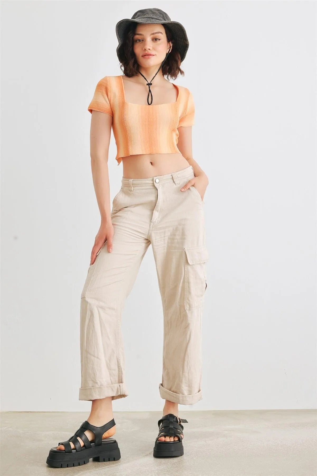 Orange Knit Short Sleeve Square Neck Short Sleeve Back Lace-Up Crop Top /3-2-1 - Tasha Apparel Wholesale