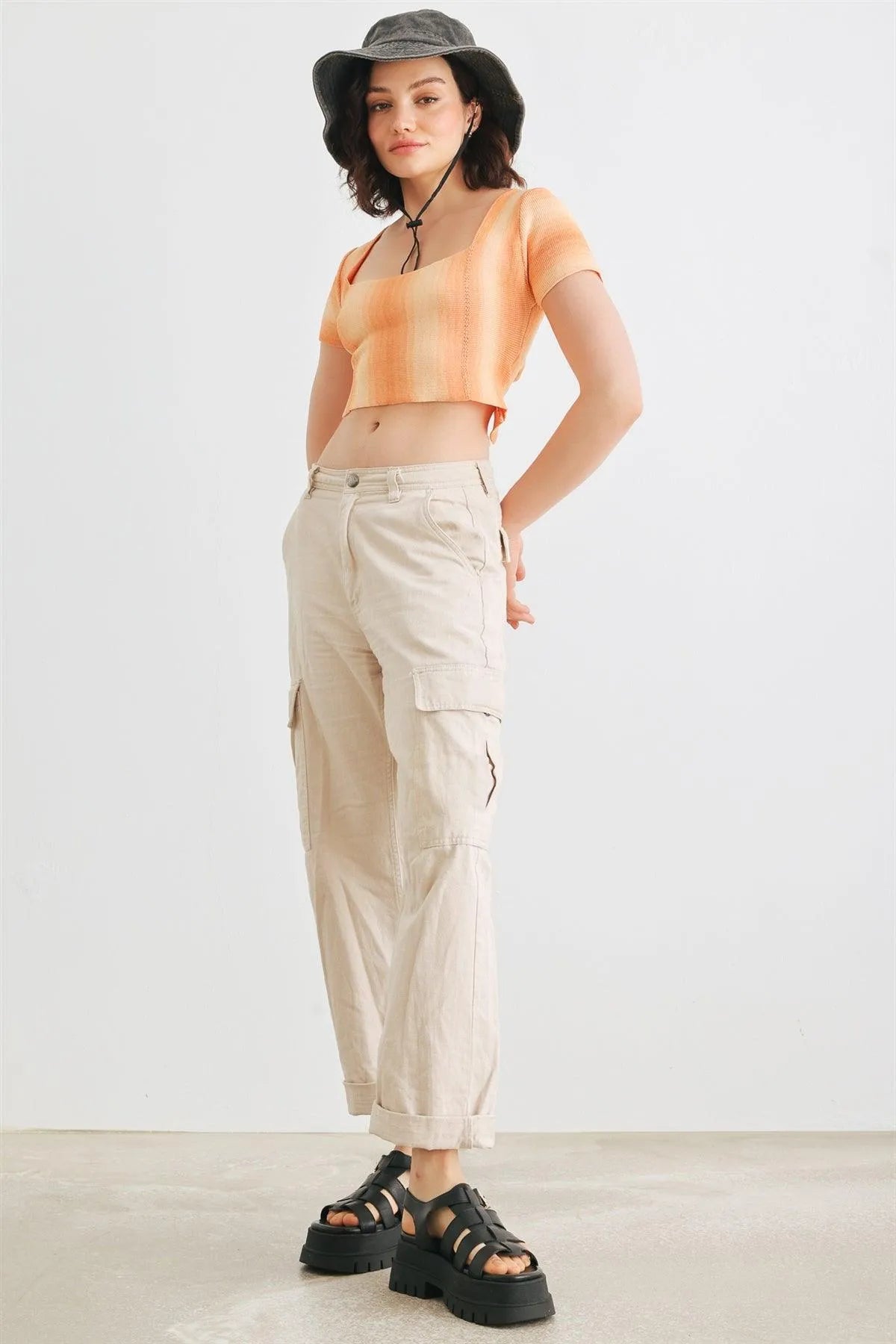 Orange Knit Short Sleeve Square Neck Short Sleeve Back Lace-Up Crop Top /3-2-1 - Tasha Apparel Wholesale