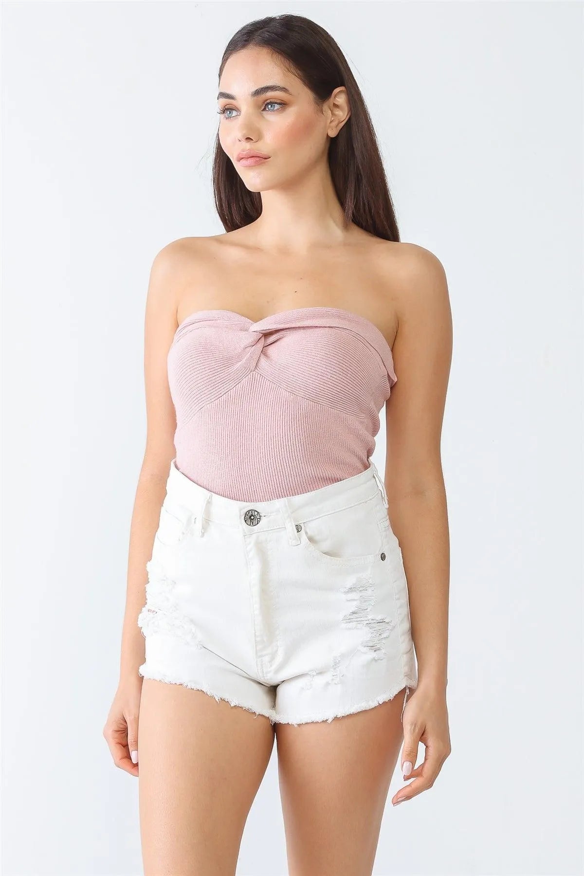 Blush Knit Strapless Twist Crop Top /3-2-1 - Tasha Apparel Wholesale