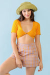 Orange Ribbed U-Neck Short Sleeve Button Closure Crop Top /3-2-1 - Tasha Apparel Wholesale
