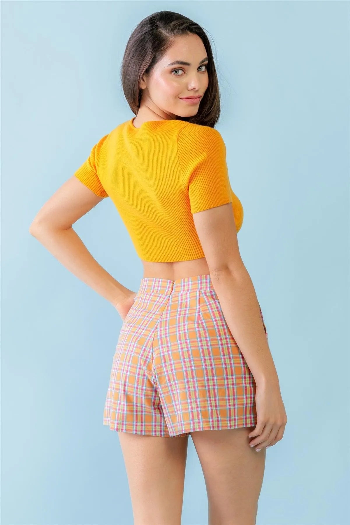 Orange Ribbed U-Neck Short Sleeve Button Closure Crop Top /3-2-1 - Tasha Apparel Wholesale