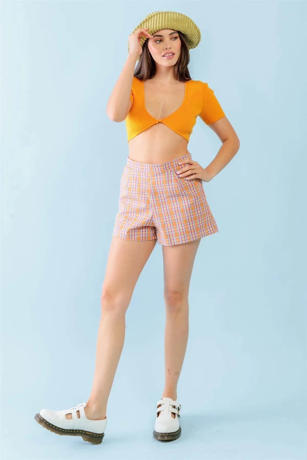 Orange Ribbed U-Neck Short Sleeve Button Closure Crop Top /3-2-1 - Tasha Apparel Wholesale
