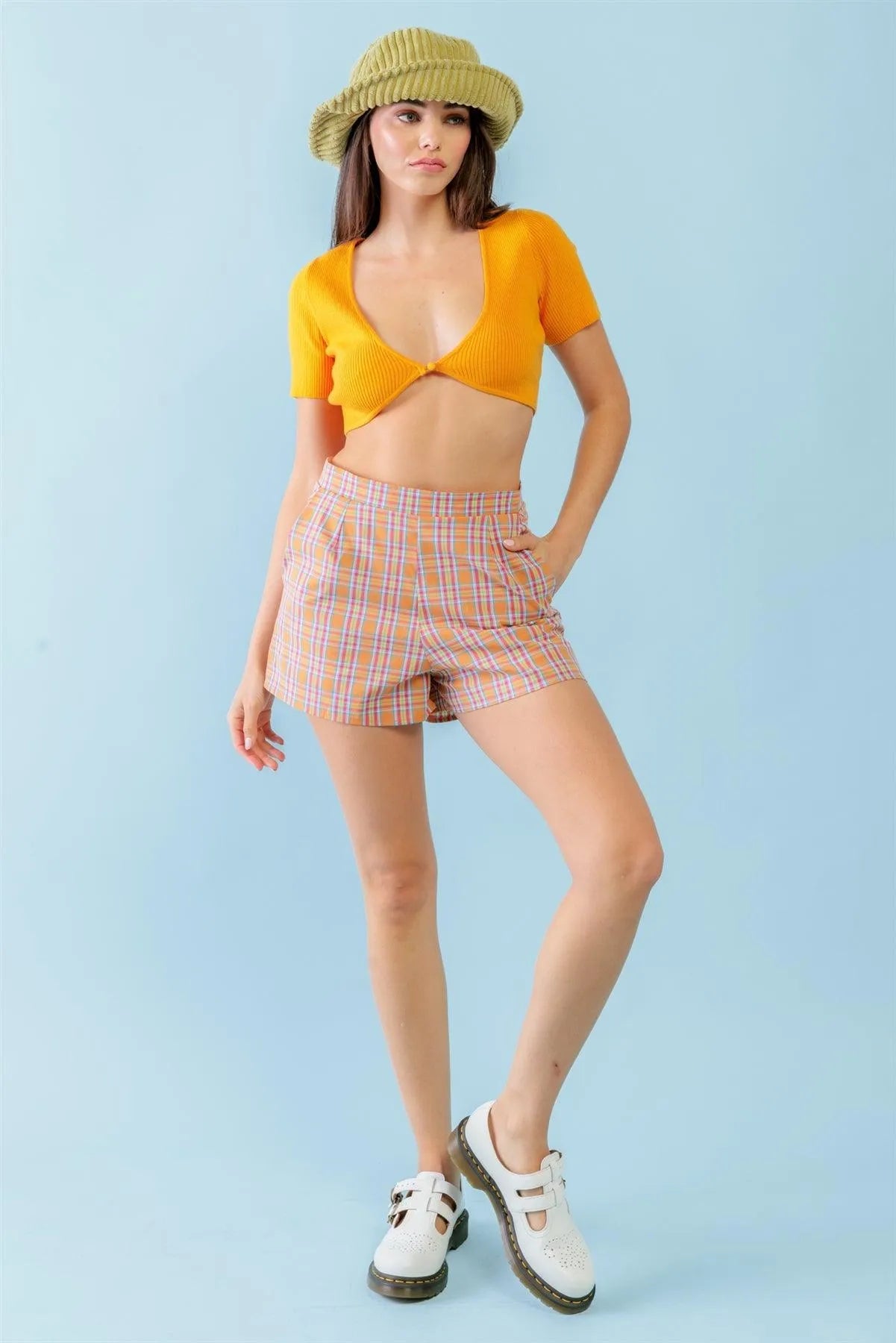 Orange Ribbed U-Neck Short Sleeve Button Closure Crop Top /3-2-1 - Tasha Apparel Wholesale