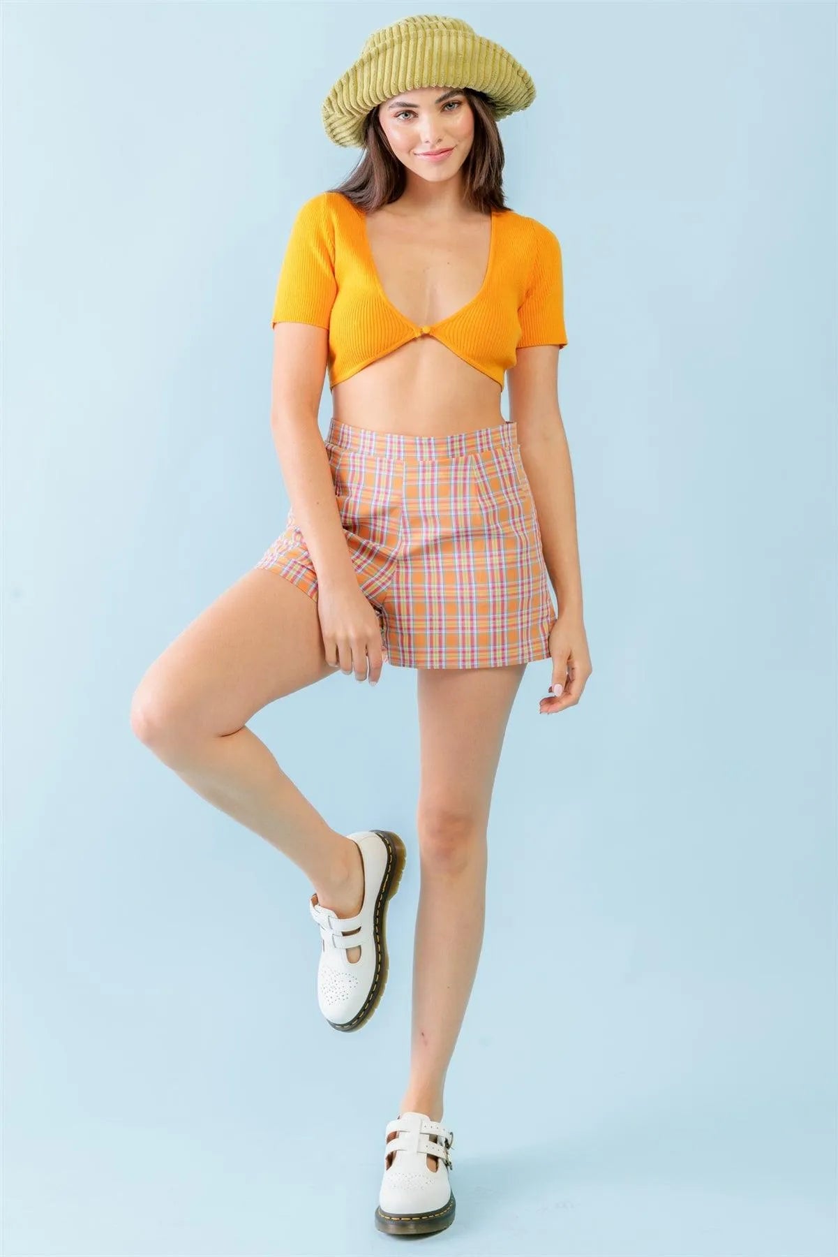 Orange Ribbed U-Neck Short Sleeve Button Closure Crop Top /3-2-1 - Tasha Apparel Wholesale