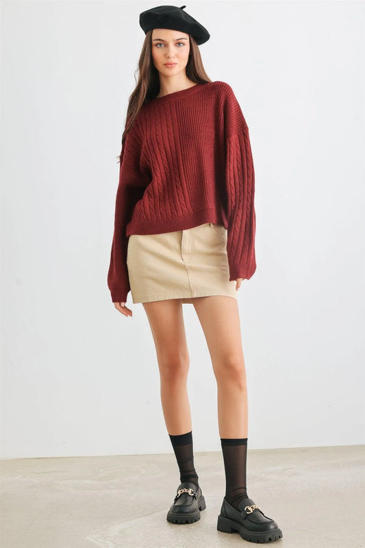 Burgundy Cable Knit Crew Neck Long Sleeve Sweater /1-2-2-1 - Tasha Apparel Wholesale