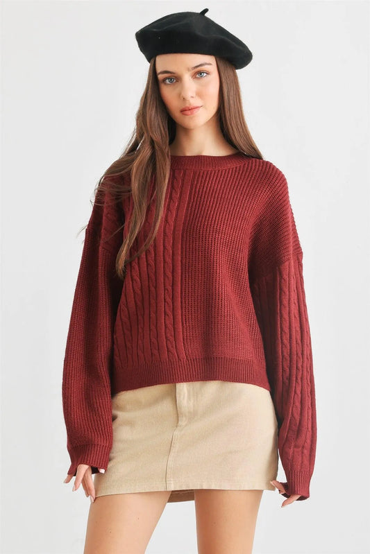 Burgundy Cable Knit Crew Neck Long Sleeve Sweater /2-2-1-1 - Tasha Apparel Wholesale