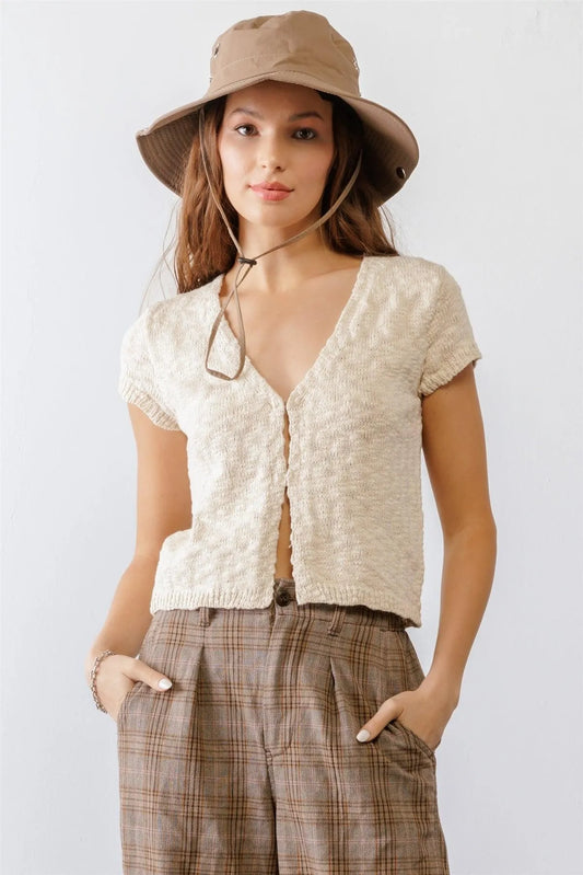Cream Cotton Knit Short Sleeve Cardigan Crop Top /1-2-2-1 - Tasha Apparel Wholesale