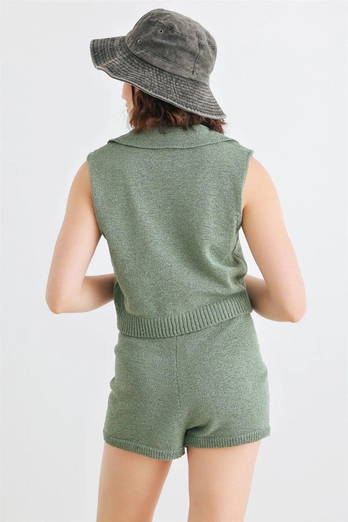 Dusty Green Knit Collared Neck Sleeveless Crop Top & High Waist Shorts Set /1-1-2 - Tasha Apparel Wholesale