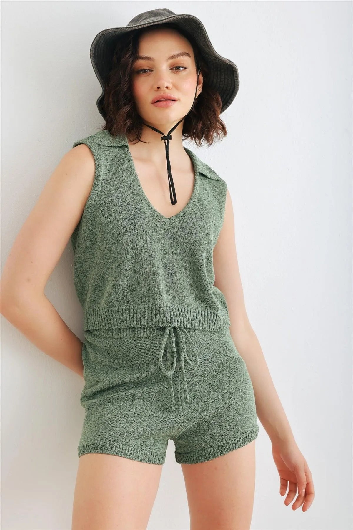 Dusty Green Knit Collared Neck Sleeveless Crop Top & High Waist Shorts Set /1-2-2-1 - Tasha Apparel Wholesale