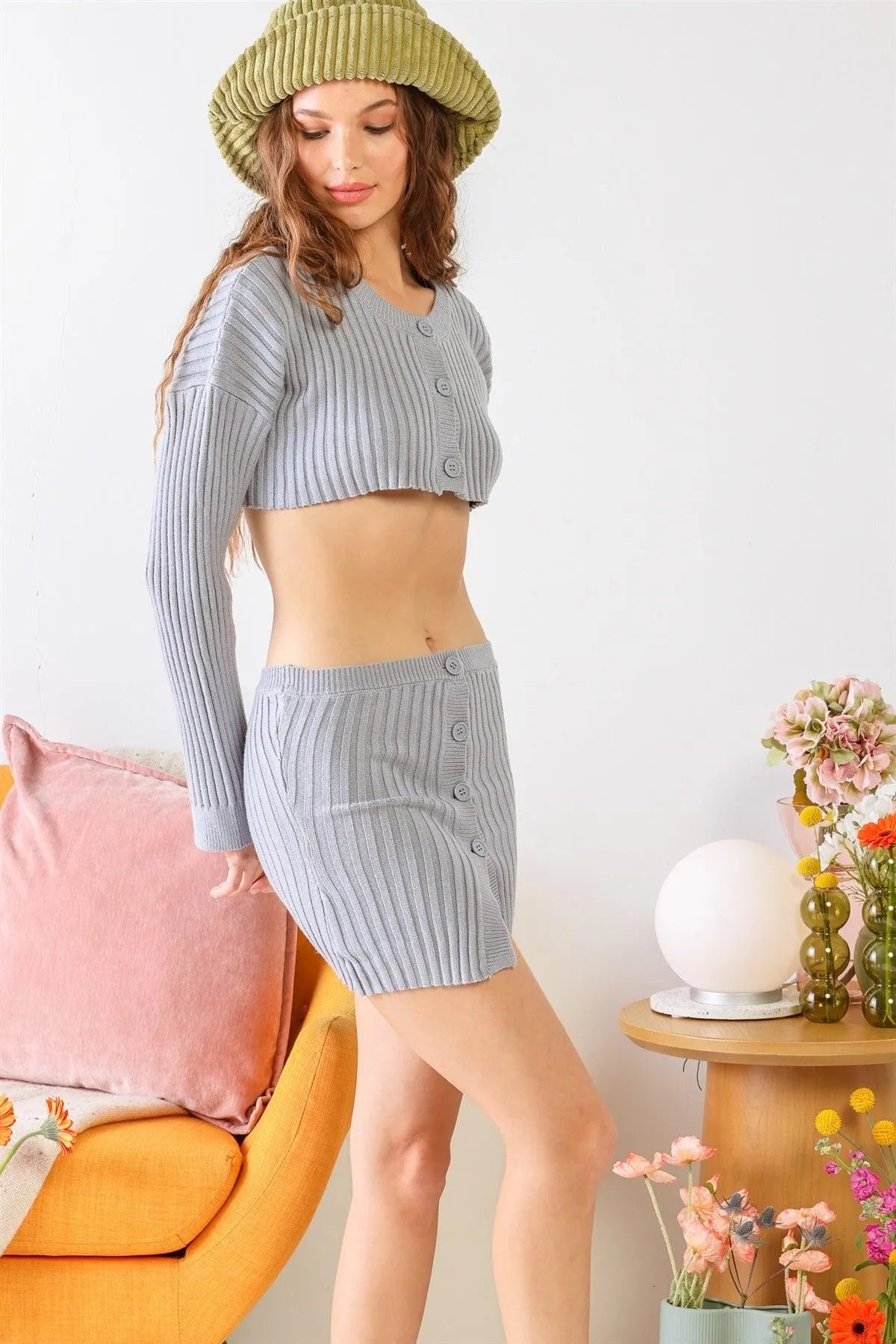 Ribbed Knit Button-Up Crop Top & Mini Skirt Set /1-2-2-1 - Tasha Apparel Wholesale