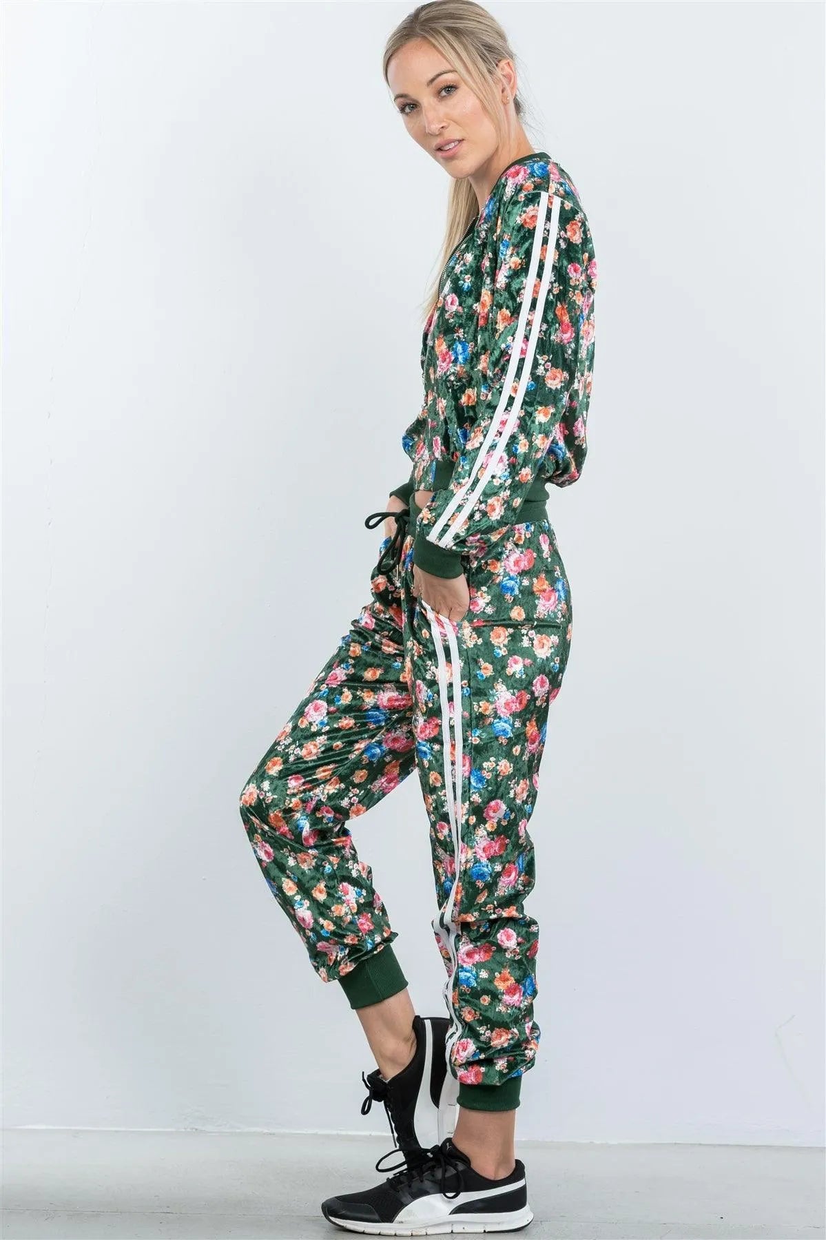 Olive Velvet Floral And Contrast Stripe Tracksuit Set /2-2-2 - Tasha Apparel Wholesale
