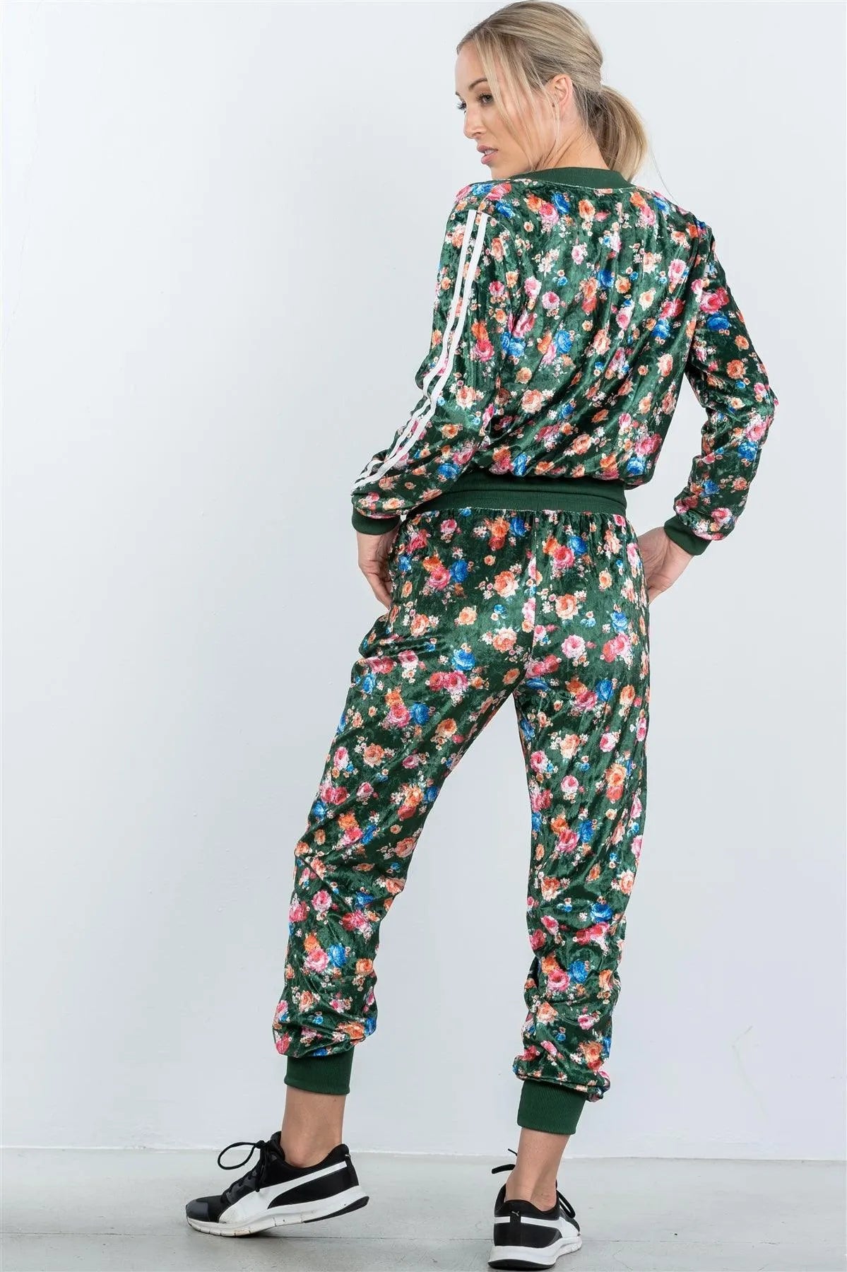 Olive Velvet Floral And Contrast Stripe Tracksuit Set /2-2-2 - Tasha Apparel Wholesale