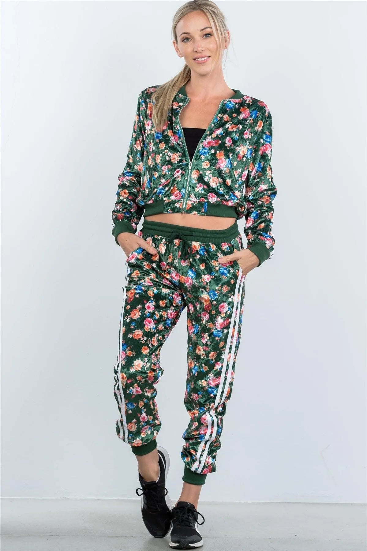 Olive Velvet Floral And Contrast Stripe Tracksuit Set /2-2-2 - Tasha Apparel Wholesale