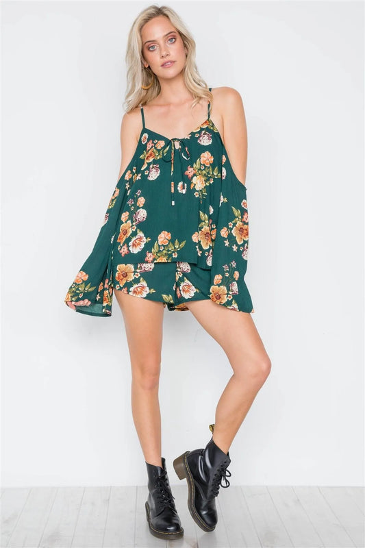 Khaki Green Floral Print Cold Shoulder Bell Sleeve Romper /2-2-1 - Tasha Apparel Wholesale