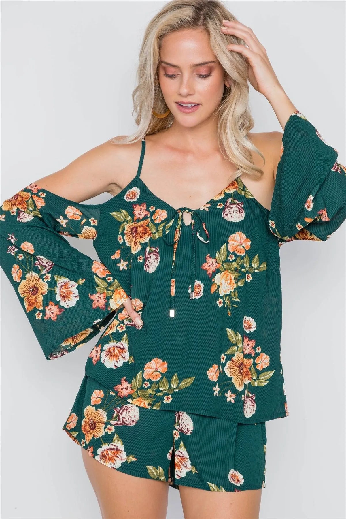 Khaki Green Floral Print Cold Shoulder Bell Sleeve Romper /2-2-1 - Tasha Apparel Wholesale