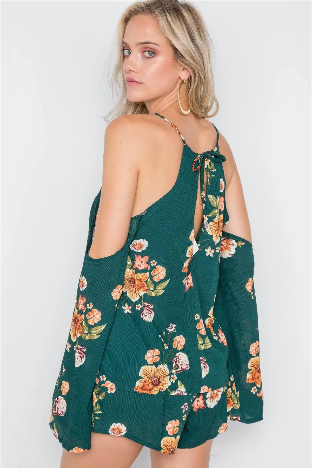 Khaki Green Floral Print Cold Shoulder Bell Sleeve Romper /2-2-1 - Tasha Apparel Wholesale