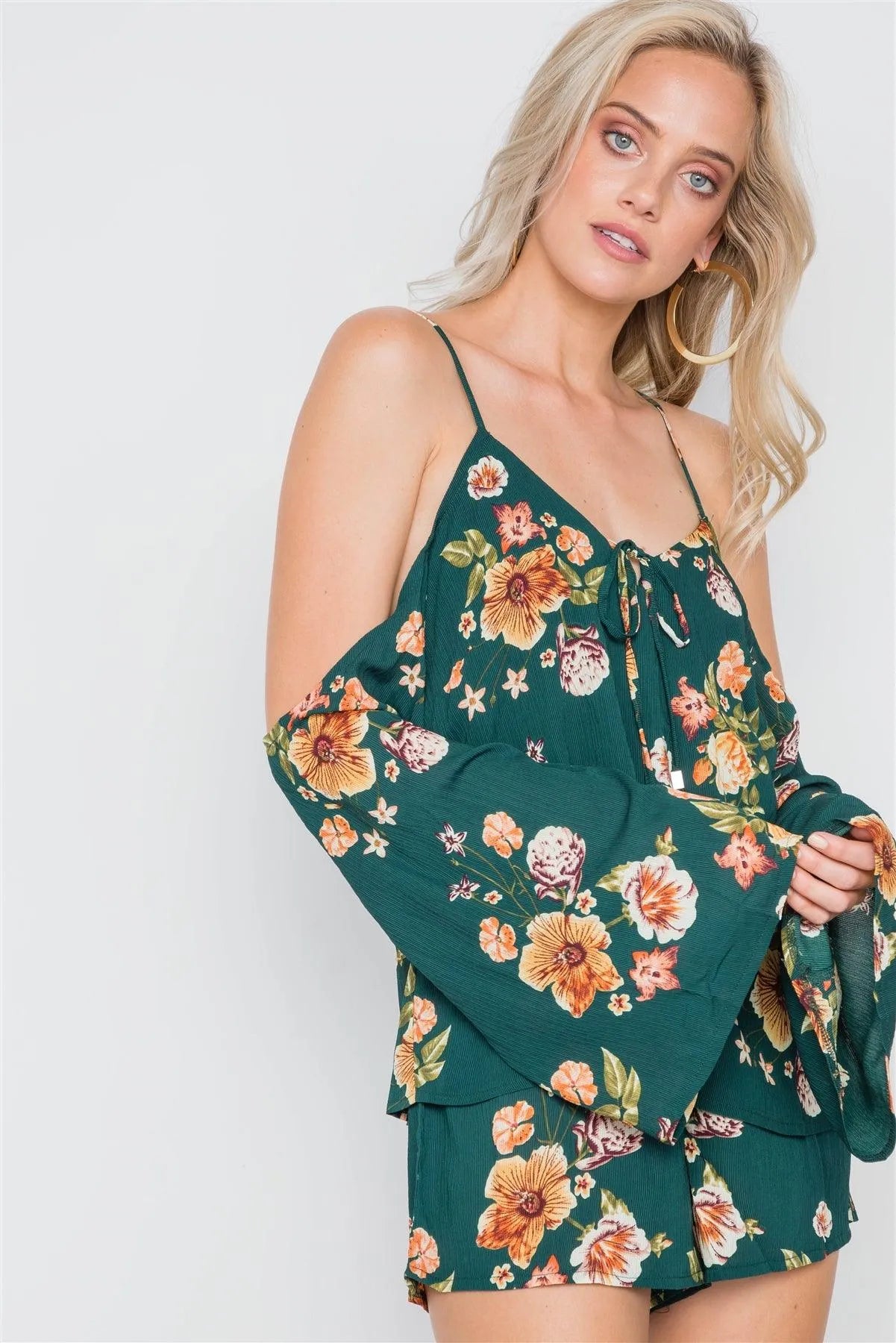 Khaki Green Floral Print Cold Shoulder Bell Sleeve Romper /2-2-1 - Tasha Apparel Wholesale