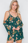 Khaki Green Floral Print Cold Shoulder Bell Sleeve Romper /1-3-2-1 - Tasha Apparel Wholesale