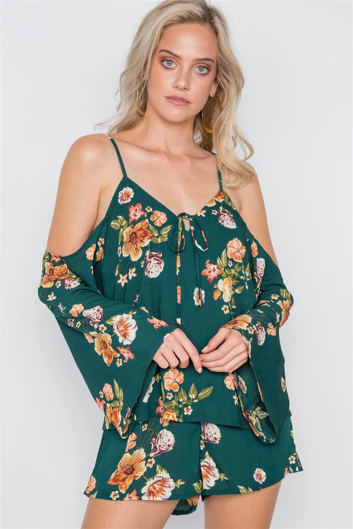 Khaki Green Floral Print Cold Shoulder Bell Sleeve Romper /1-3-2-1 - Tasha Apparel Wholesale