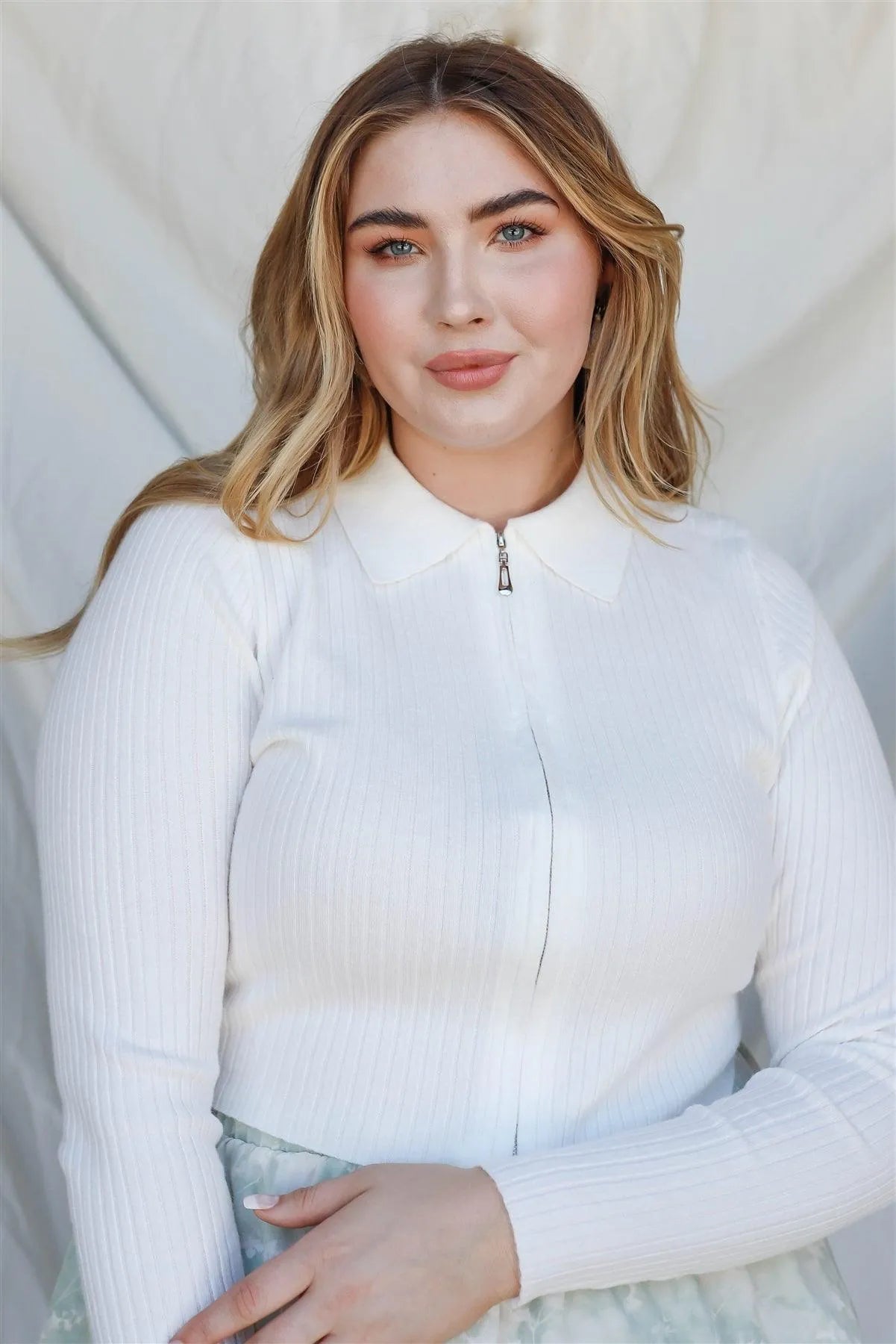 Junior Plus Ivory Ribbed Zip-Up Collared Long Sleeve Top /2-2-1 - Tasha Apparel Wholesale