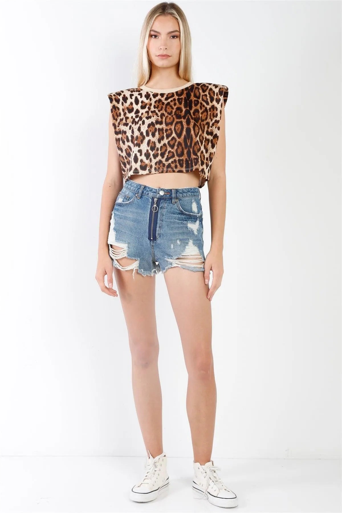 Brown Leopard Print Padded Shoulder Cropped Muscle Tank Top /2-2-2 - Tasha Apparel Wholesale
