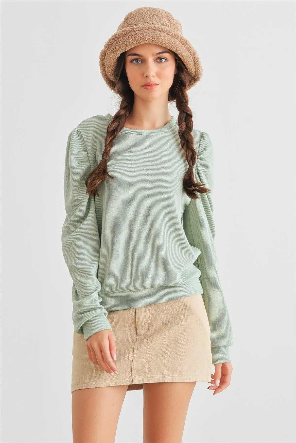 Sage Ribbed Crew Neck Puff Long Sleeve Top /2-2-2 - Tasha Apparel Wholesale
